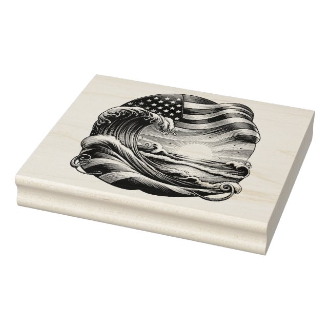 American USA Flag Beach Wave Sunset Patriotic Art Rubber Stamp (Stamp)
