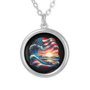 American USA Flag Beach Wave Sunset Patriotic Art Silver Plated Necklace
