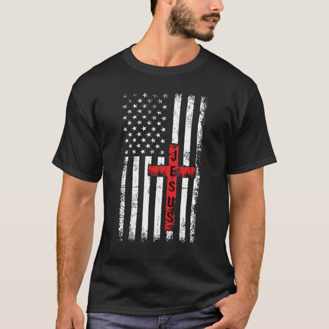 American USA Flag Christian Cross Jesus 4th Of Jul T-Shirt (Front)