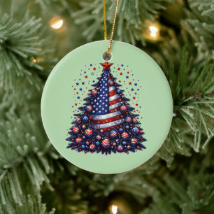 American USA Flag Christmas tree Patriotic Art Ceramic Ornament