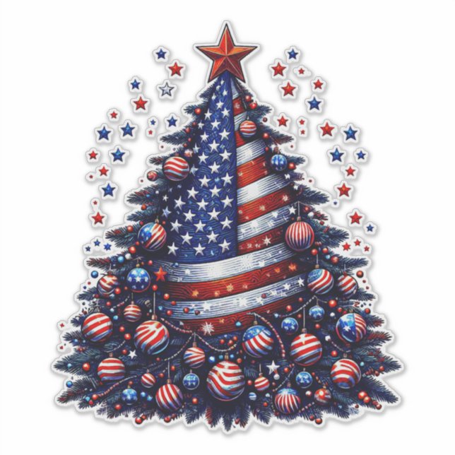American USA Flag Christmas tree Patriotic Art Sticker (Front)