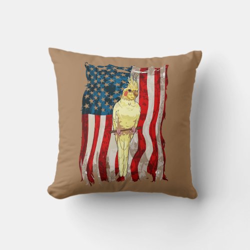 American USA Flag Cockatiel Vintage Men Women Throw Pillow