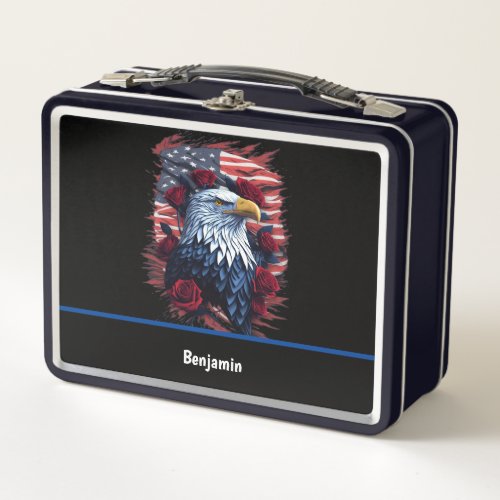 American USA Flag Eagle Roses Red White Blue  Metal Lunch Box