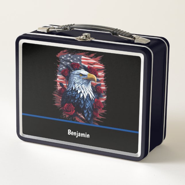 American USA Flag Eagle Roses Red White Blue  Metal Lunch Box (Front)