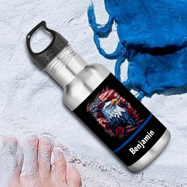 American USA Flag Eagle Roses Red White Blue Stainless Steel Water Bottle (Creator Uploaded)
