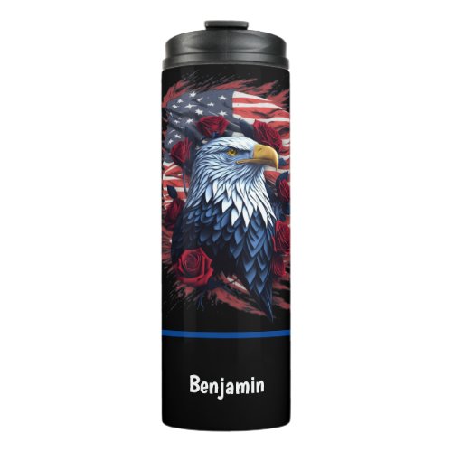 American USA Flag Eagle Roses Red White Blue Thermal Tumbler