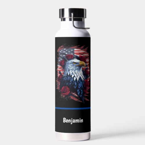 American USA Flag Eagle Roses Red White Blue Water Bottle