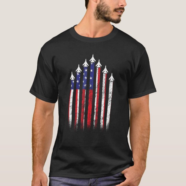 American USA Flag Fighter Aircraft Pilot Airplane T-Shirt (Front)