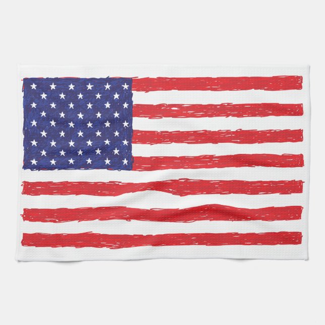 American USA Flag *Hand Sketch* Us Flag Kitchen Towel (Horizontal)