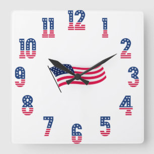 American USA Flag & Numbers Square Wall Clock