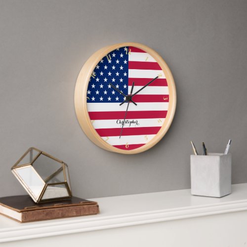 American USA Flag Patriotic Home Office Decor Name Clock