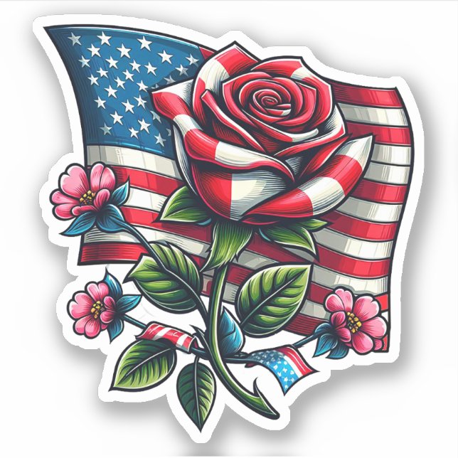American USA Flag rose Patriotic flower Art Sticker (Front)