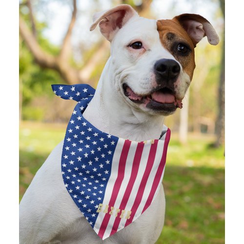 American USA Flag Stars Stripes Dog Cat Gold Name Bandana