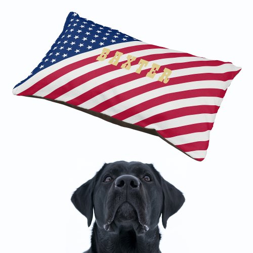 American USA Flag Stars Stripes Dog Cat Name Plush Pet Bed