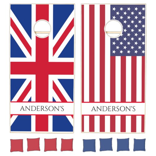 American v british flag custom Monogram  Cornhole Set