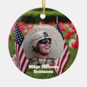 American Veteran Flags and Poppies Ceramic Ornament