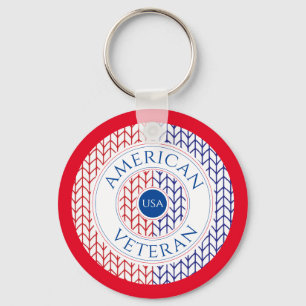 AMERICAN VETERAN Round Metal Keychain / Red