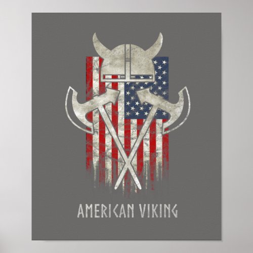 American Viking Flag Distressed Helmet Ax Poster