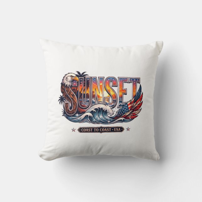 American Vintage Eagle & Flag "SUNSET" Wave  Throw Pillow (Front)