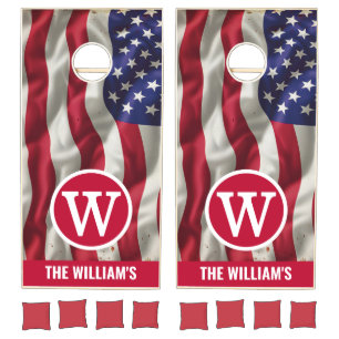 American Vintage Flag Family Monogram Cornhole Set