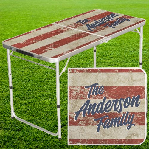 American Vintage Stripes Family Name Tailgate  Beer Pong Table