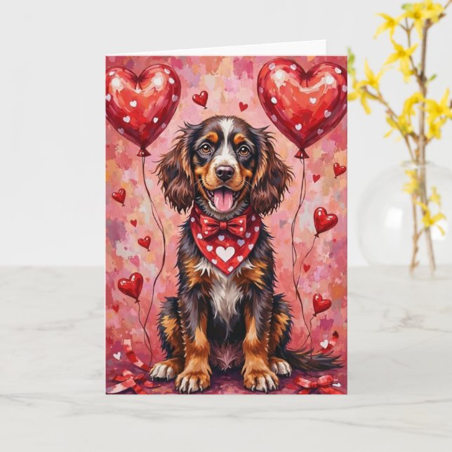 American Water Spaniel Valentine Dog with Hearts Card (Yellow Flower)