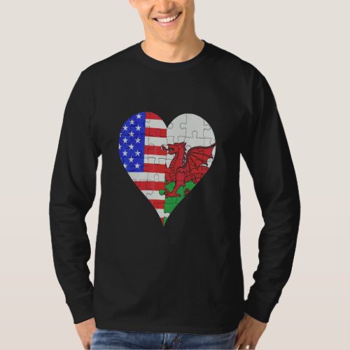 American Welsh Flag Heart  T_Shirt