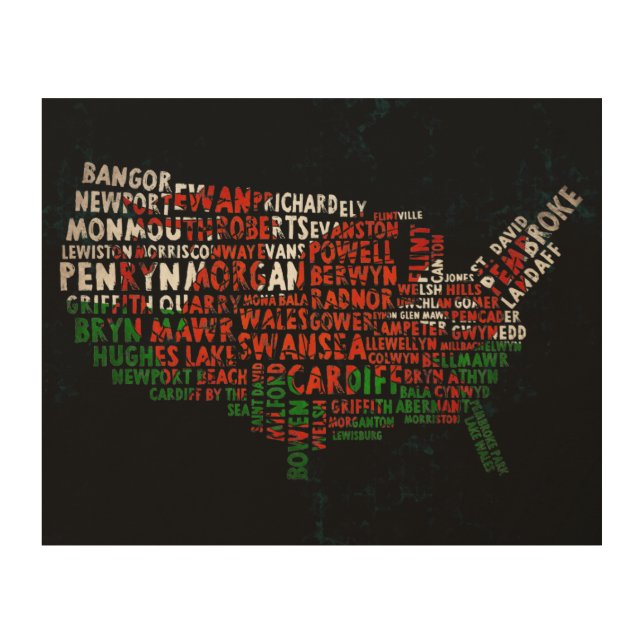 American Welsh Place Names Map Wood Wall Art (Front)