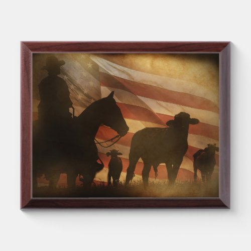 American West Cowboy and Horse with Flag Award Plaque