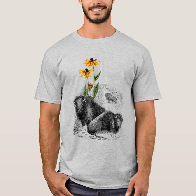 American West Western Motif Buffalo Bison Flower  T-Shirt (Front)
