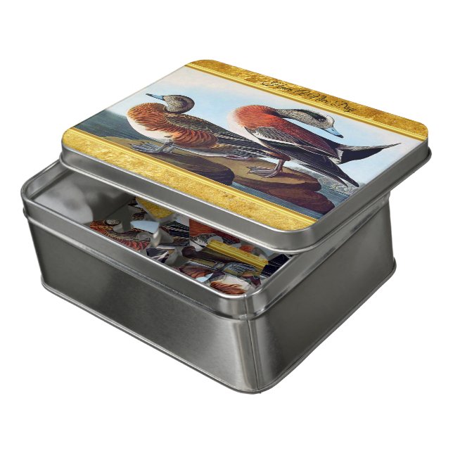 American Widgeon ducks on a rock Jigsaw Puzzle (Lid Open)