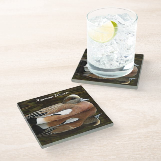 American Widgeon on Pond Wildlife Photo Glass Coaster (Angled)