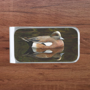 American Wigeon Duck on Pond Silver Finish Money Clip