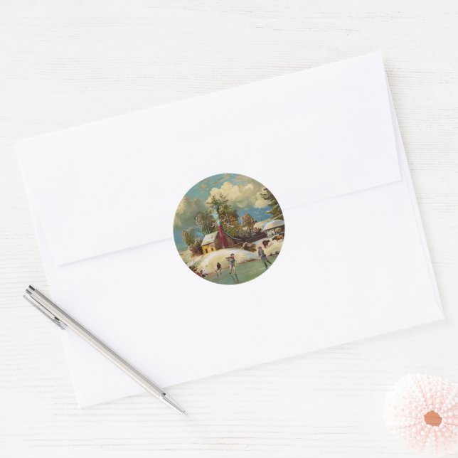 American Winter Life Christmas Scene Classic Round Sticker (Envelope)