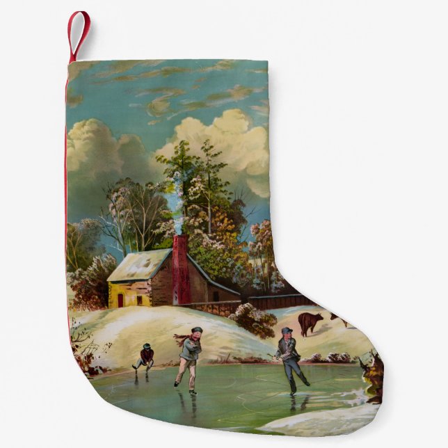 American Winter Life Christmas Scene Small Christmas Stocking (Front)