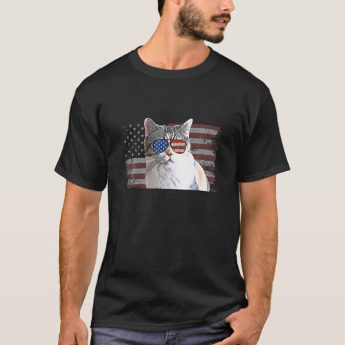 American Wirehair Cat July 4Th Retro USA American T_Shirt