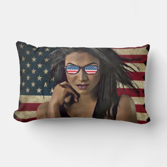 American Woman Distressed American Flag   Lumbar Pillow (Front)