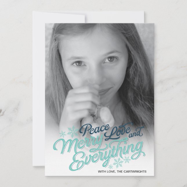 Americana Blue Ribbon Script Holiday Photo Card (Front)