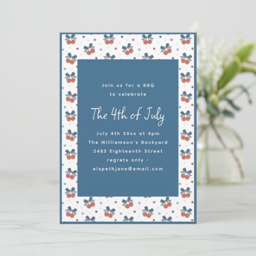 Americana Cherry Bow Coquette Fourth July Party  Invitation
