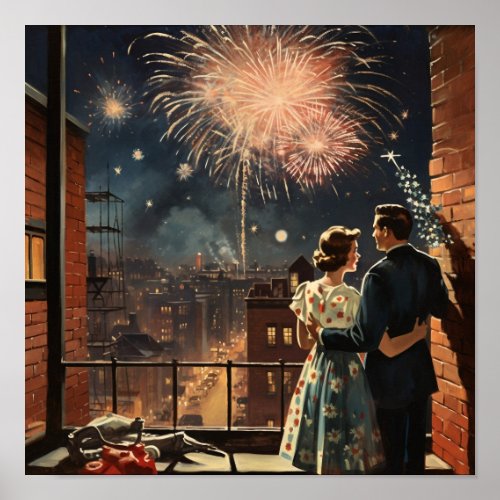 Americana Couple Watching Fireworks on New Years  Poster
