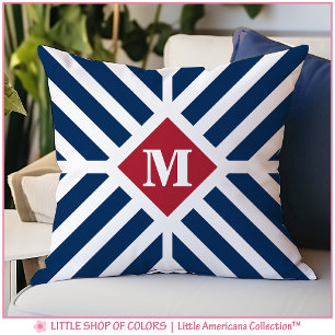 Americana Diagonal Stripes Monogram Indoor/Outdoor Throw Pillow