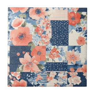 Americana Floral Patchwork Quilt in Navy and Coral Ceramic Tile