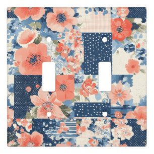 Americana Floral Patchwork Quilt in Navy and Coral Light Switch Cover