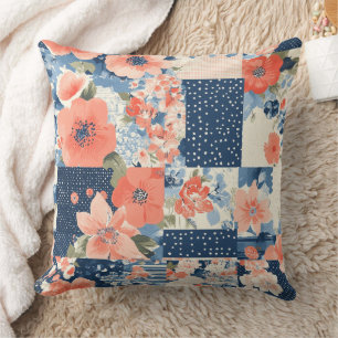 Americana Floral Patchwork Quilt in Navy and Coral Throw Pillow
