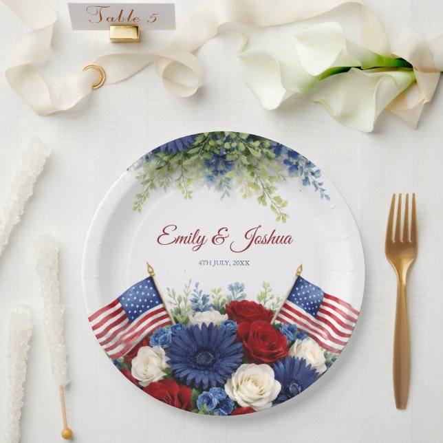 Americana Flowers and Flag Wedding Paper Plates (Wedding)