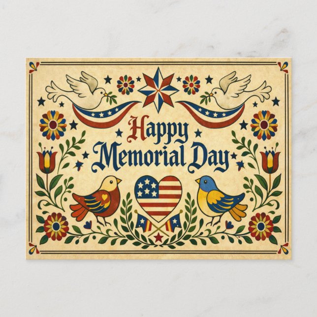 Americana Folk Art Memorial Day  Holiday Postcard (Front)