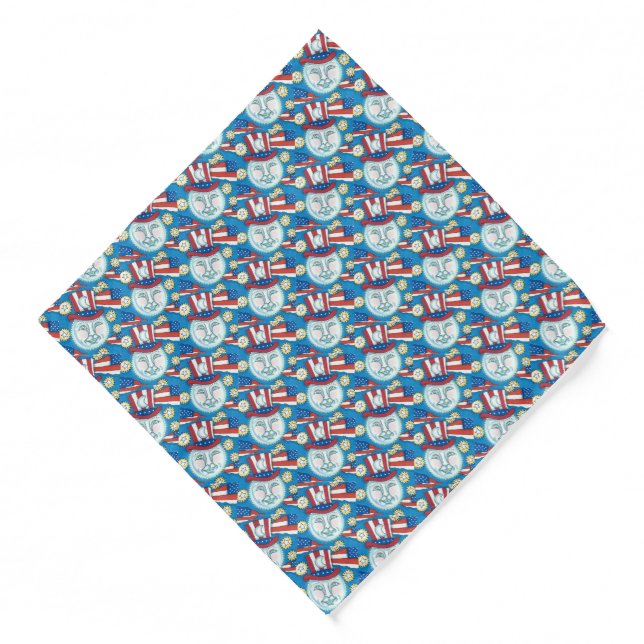 AMERICANA FOLK ART PATRIOTIC MAN IN THE MOON BANDANA (Front)