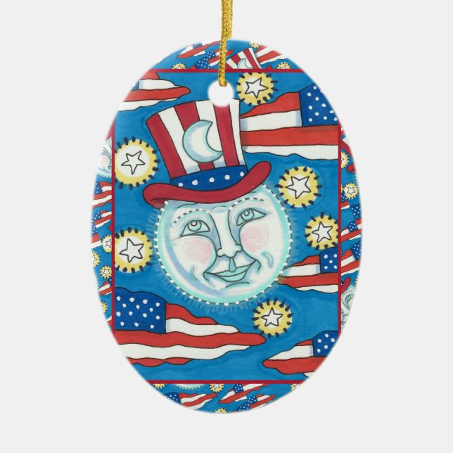 AMERICANA FOLK ART PATRIOTIC MAN IN THE MOON CERAMIC ORNAMENT (Front)