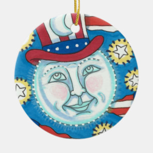 AMERICANA FOLK ART PATRIOTIC MAN IN THE MOON CERAMIC ORNAMENT