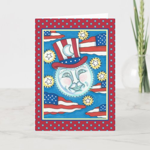 AMERICANA FOLK ART PATRIOTIC MAN IN THE MOON HOLIDAY CARD